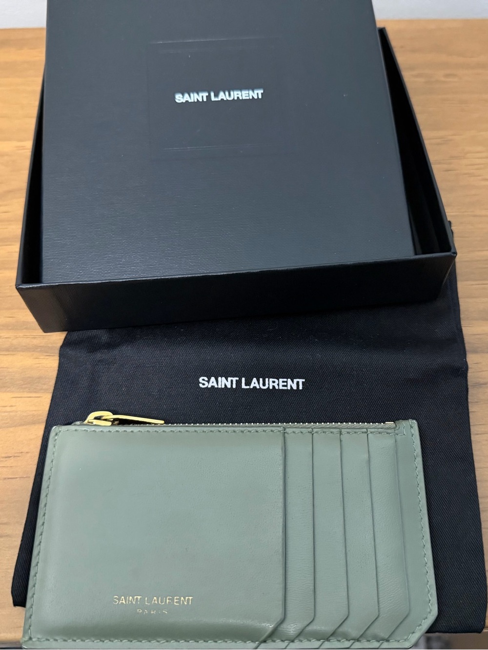 Saint Laurent Sage Green Leather Card & Key Holder with Gold Zip